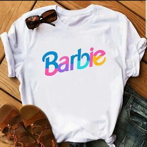 Barbie Logo Graphic T-Shirt White Pink Blue Colorful Crewneck Tee